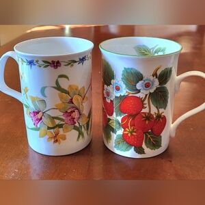 Lot of 2 English Porcelain Mugs Roy Kirkman Crown Trent Orchids Strawberries